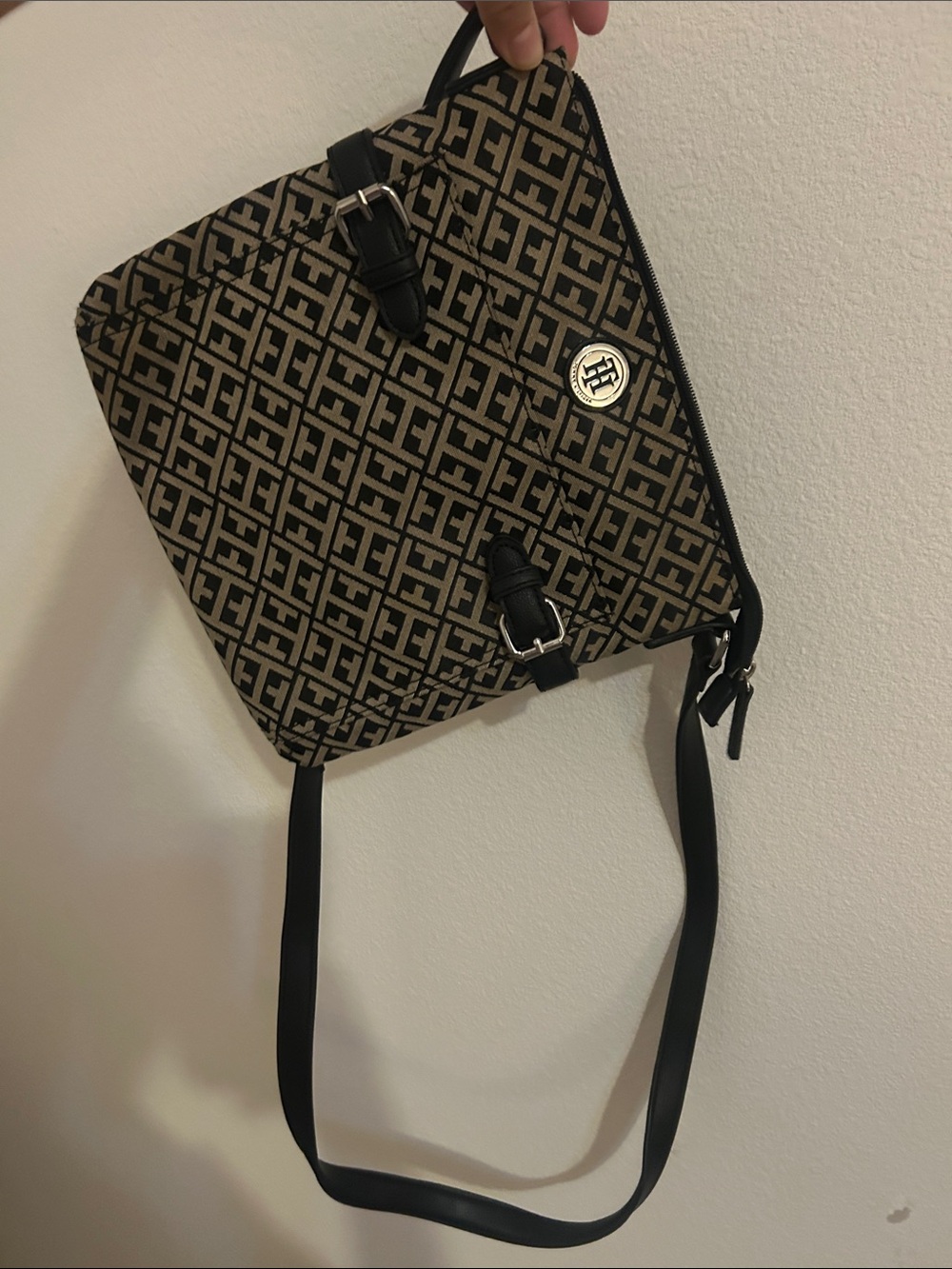 Monogram Tommy Hilfiger Crossbody Bag in Black and tan - Designer Style